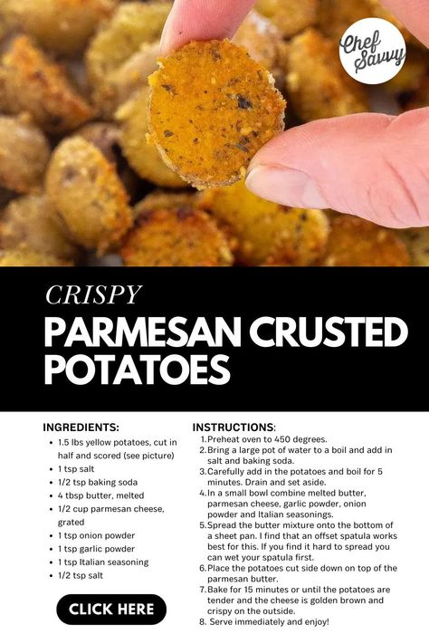 Save this recipe for the Best Easy Crispy Parmesan Crusted Potatoes Oven Baked! Crispy, crunchy, savory, and oh-so cheesy! These Parmesan-crusted potatoes became a viral recipe that is actually worth trying. The parmesan butter makes an incredible crust on the potato that makes it packed with flavor and texture! Follow Chef Savvy for more Family Friendly Ideas for Dinner! Crispy Parmesan Crusted Potatoes, Potatoes Oven, Crusted Potatoes, Parmesan Butter, Potato Calories, Parmesan Crusted Potatoes, Baked Recipe, Chef Savvy, Parmesan Cheese Potatoes