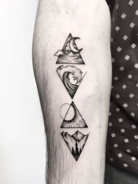 Four Elements Tattoo, Natur Tattoo Arm, Element Tattoo, Alchemy Tattoo, Avatar Tattoo, Glyph Tattoo, Literary Tattoos, Elements Tattoo, Triangle Tattoos