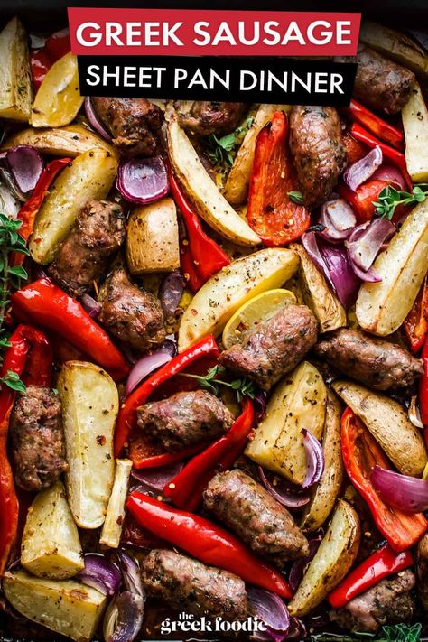 Greek Sausage Sheet Pan Dinner Greek Sausage, Dinner With Potatoes, Sausage Sheet Pan Dinner, Sausage Sheet Pan, Lamb Sausage, Sheet Pan Meals, Pan Dishes, Sausage Dinner, Sheet Pan Dinners Recipes