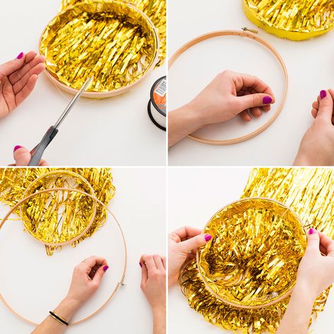 DIY a faux chandelier out of fringe curtains with this easy DIY. Fringe Chandelier Party, Tinsel Fringe Chandelier, Streamer Chandelier Diy, Diy Ceiling Fringe, Diy Tinsel Chandelier, Tinsel Chandelier Diy, Diy Fringe Chandelier, Faux Chandelier, Ceiling Rings