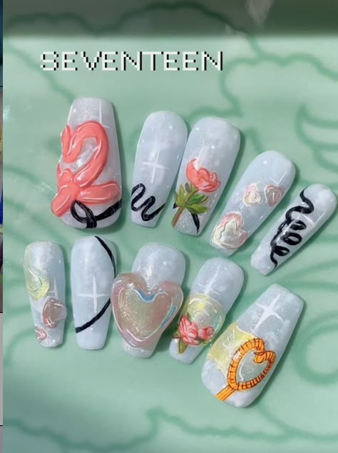 Seventeen Nails, K Pop Nails, Graffiti Nails, Concert Nails, Fake Nails Designs, Retro Nails, Asian Nails, Beauty Nails Design, French Tip Acrylic Nails