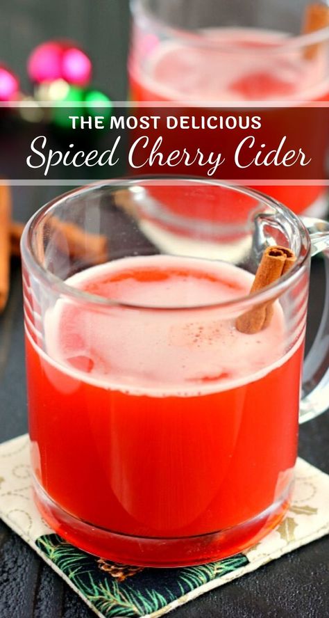 This Spiced Cherry Cider is filled with sweet apple cider and spiced with cinnamon and cherry gelatin. It's simmered until the flavors are blended together and makes the perfect drink for when you need a little warming up!  #cider #ciderrecipe #cherrycider #cherrydrink #holidaybeverage #holidaydrink #christmasdrink #drink Cherry Cider Recipe, Cherry Cider, Strawberry Cider, Cider Drink Recipes, Apple Cider Uses, Christmas Cider, Cider Recipes, Homemade Cider, Cherry Drink