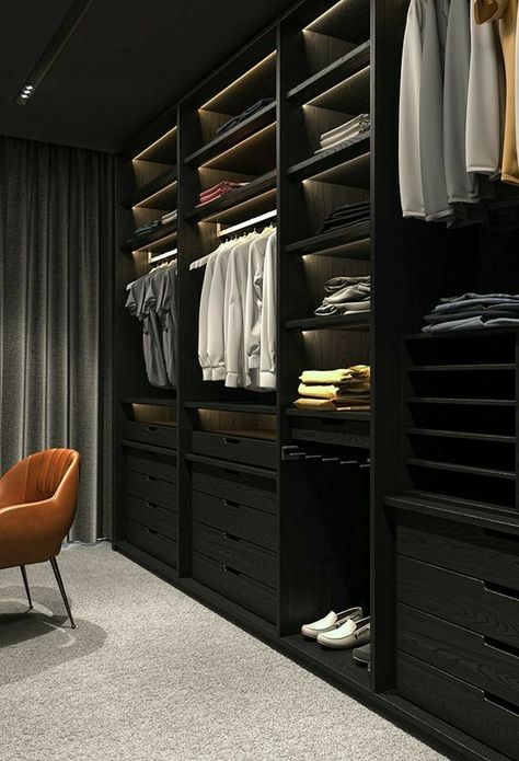 Dark Wardrobe Design, Black Walk In Wardrobe, Dark Walk In Wardrobe, Dark Closet Ideas, Dark Grey Closet, Dark Walk In Closet, Dark Grey Apartment, Dark Dressing Room, Black Dressing Room