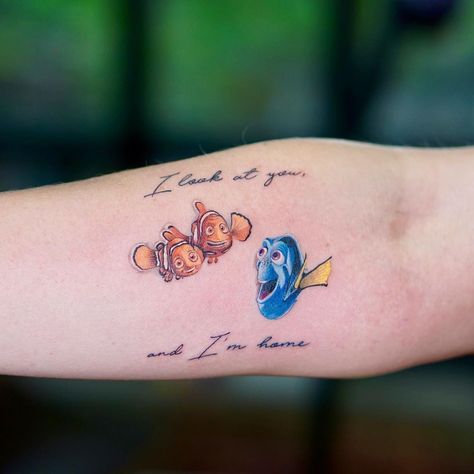 Finding Nemo by @yanz.tattoo  info@yantstudio.com Finding Nemo Tattoo Ideas, Nemo Tattoo Ideas, Finding Nemo Tattoo, Dory Tattoo, Nemo Tattoo, Dory And Marlin, Tattoo Black And White, Ink Therapy, L Tattoo