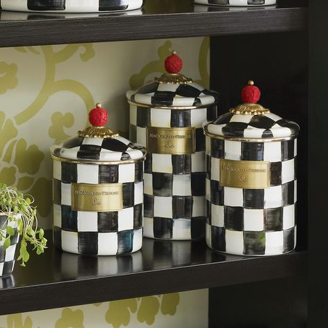 MacKenzie-Childs | Courtly Check Enamel Canister - Small Mackenzie Childs Diy, Kitchen Counter Organization, Mackenzie Childs Inspired, Mckenzie And Childs, Glass Finial, Counter Organization, Courtly Check, Dog Biscuits, Kitchen Canisters