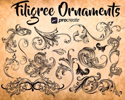 Filigree Outline, Procreate Tattoo Brushes, Scroll Tattoos, Procreate Tattoo, Filigree Tattoo, Ornament Drawing, Procreate Stamps, Baroque Ornament, Creepy Tattoos