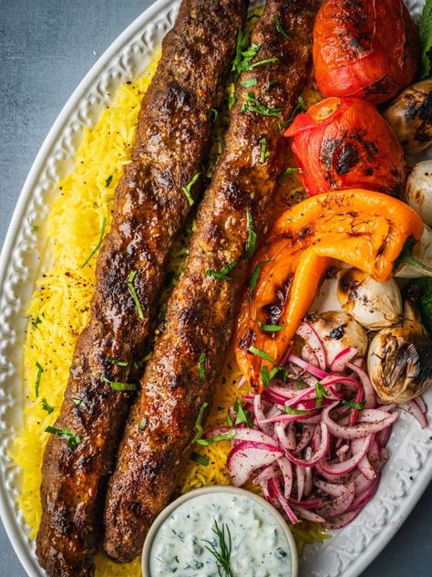 Kabob Koobideh (Persian Beef Kebab Recipe) - Urban Farm and Kitchen Kabob Rice Recipe, Baked Kebab Recipes, Persian Beef Recipes, Middle Eastern Kebab Recipes, Beef Kebabs In The Oven, Chicken Kafta Kabob, Persian Beef Kabob, Kofta Side Dishes, Best Kebab Recipes