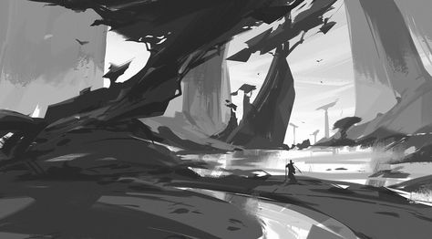 ArtStation - Composition Sketches, Liang Mark Composition Sketch, Shape Language, Environment Sketch, Creative Book Covers, Sketches Drawing, Environment Painting, Concept Art Tutorial, Concept Art World, Landscape Concept