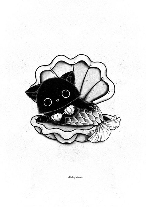 Cute Black Mermaid Cat in a Scallop - Witchy Artworks by @WitchyFriends - Cute Cat Illustration Witch Items, Aesthetic Creepy, Witchy Friends, Witch Illustration, Cat Mermaid, Mermaid Cat, Witchy Gifts, Cute Cat Illustration, Ocean Tattoos