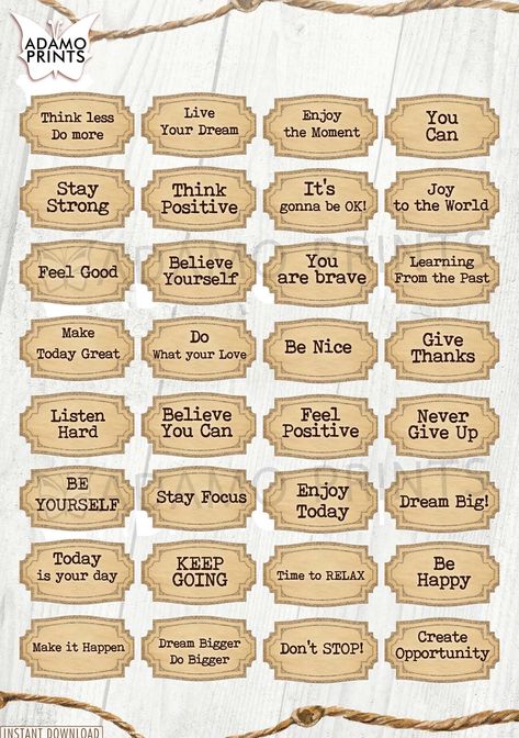 "Set of 4 Inspiration Phrases & Words Badges varying in color and styles for decorating your journal, scrapbook kit, cards, tags & embellishments. YOU WILL RECEIVE: o 4 printable pages (8.5\" x 11\" paper 300 dpi) o JPG&PDF file formats for easy printing o No Watermark on JPG&PDF file PURCHASE & DOWNLOAD Link will be made available instantly after payment on your Etsy download page. Follow Etsy guide here https://www.etsy.com/help/article/3949 Refunds, Cancellations and excha Words Stickers, Journal Kit Printable, Quotes Stickers, Gratis Printables, Sticker Design Inspiration, Word Collage, Digital Inspiration, Scrapbook Quotes, Printable Ephemera