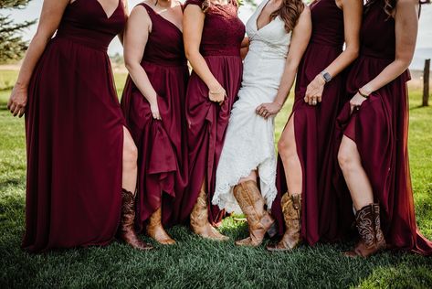 maroon and gray wedding party with cowboy boots Bridesmaid Dresses With Cowboy Boots Fall, Long Bridesmaid Dress Cowboy Boots, Bridesmaid Boots Long Dress, Wedding Party Cowboy Boots, Bridesmaids Cowboy Boots Long Dresses, Long Bridesmaid Dress With Cowboy Boots, Long Bridesmaid Dresses With Boots, Bridesmaid With Cowboy Boots, Bridesmaids In Cowboy Boots