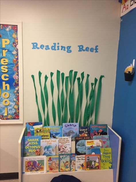 Aquatic Theme Classroom, Under The Sea Daycare Room, Aquatic Classroom Theme, Under The Sea Classroom Theme Kindergarten, Kindergarten Under The Sea Theme, Reading Reef Classroom Ocean Themes, Ocean Theme Preschool Classroom Bulletin Boards Under The Sea, Fish Theme Classroom Ideas, Under The Sea Classroom Theme Bulletin Boards