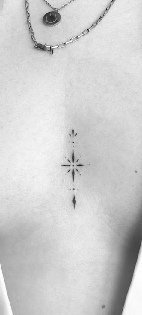 North Star Tattoo Sternum, Small Under Chin Tattoo Woman, Small In Between Breast Tattoo, Middle Of Breast Tattoo For Women, Tattoo Between Breast Women, Breast Bone Tattoos For Women, Vine Sternum Tattoo, Fine Line Chest Tattoo, Tiny Chest Tattoo Female