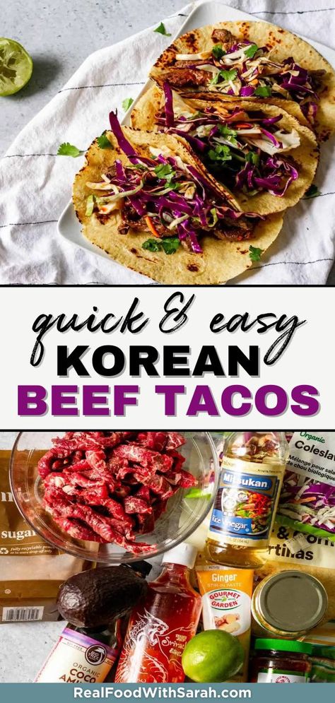 These sweet and spicy Korean Beef Tacos are filled with tender, flavorful slices of beef and topped with a vibrant, crunchy and spicy coleslaw. The perfect easy beef taco recipe inspired by Korean flavors! Crockpot Korean Beef Tacos, Spicy Korean Tacos, Asian Beef Tacos, Korean Beef Tacos Slow Cooker, Korean Tacos With Asian Slaw, Beef Cheek Tacos Recipe, Easy Korean Beef, Korean Bbq Tacos, Bulgogi Tacos