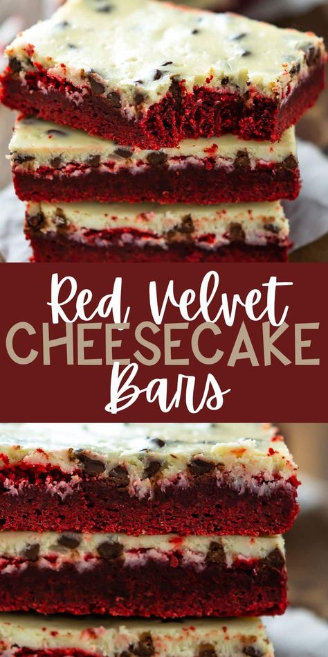 Red Velvet Cheesecake Bars have an easy red velvet cookie crust and a creamy chocolate chip cheesecake on top! Red Velvet Cheesecake Bars, Red Velvet Chocolate, Chocolate Chip Cheesecake Bars, Easy Red Velvet, Red Velvet Desserts, Dessert Squares, Velvet Cheesecake, Red Velvet Cheesecake, Chocolate Chip Cheesecake