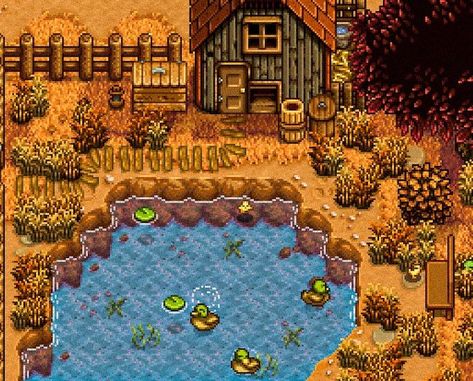 Klaudia 🧸 on Instagram: “My little duck pond on Stardew Valley 🦆🦆 how cute are the ducks on Stardew 😍 Preset is Calima by my dear friend @acnh.balar 🧡…” Stardew Valley Aesthetic House, Stardew Valley Pond Layout, Stardew Valley Krobus House, Stardew Valley Pond, Stardew Valley Duck Pond, Stardew Fruit Bat Cave, Stardew Valley Coop Design, Stardew Valley Front Yard, Stardew Valley Pond Ideas