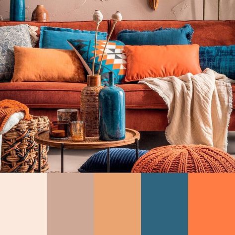 Pallet Bed Frame Black Bed Frame Blue And Orange Living Room, Burnt Orange Living Room, Teal Living Rooms, Bed Design Ideas, Stile Boho Chic, Living Room Orange, Bed Design Modern, Luxury Bed, Room Color Schemes