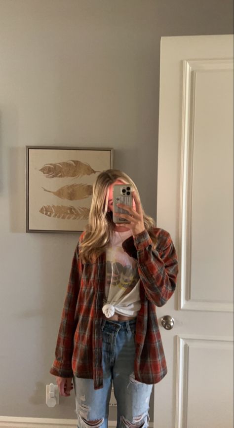 Flannel With Skirt, Tan Flannel Outfit, Orange Flannel Outfit, Flannel Aesthetic, Thrift Bundle, Fall Outfits Flannel, Flannel Outfit, Flannel Fits, Summer Board