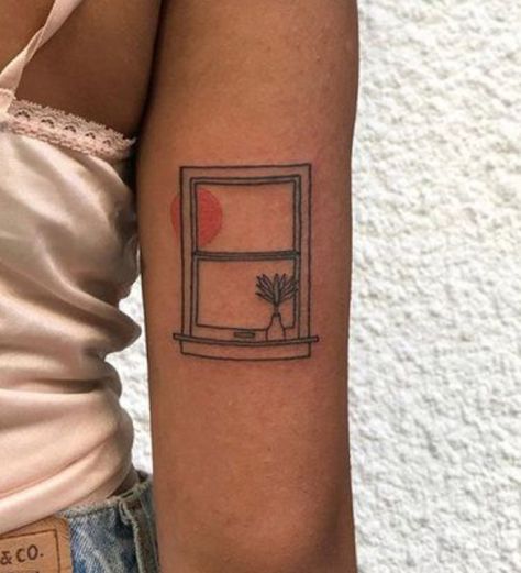 Window Scene Tattoo, Rectangle Tattoo Placement, Fine Line Shin Tattoo, Rectangle Frame Tattoo, Windowsill Tattoo, Window Frame Tattoo, Square Tattoo Frame, Archie Tattoo, Window Tattoo Simple