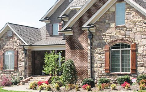 brick and stone veneer exterior home photos | combine brick and stone with ease click on the image to see all of the ... Brick And Stone House Exterior, House Exterior Brick, Stone And Brick House Exterior, Stone Veneer Exterior, Stone Exterior Houses, Stone Exterior, Brick Stone, Stone Facade, Brick Exterior