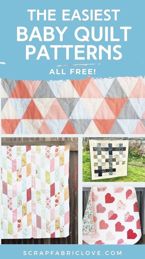 If you're looking for easy baby quilt patterns, this is the post for you! Here are 17 fun and simple baby quilt patterns, perfect sewing projects for beginners. These easy baby quilts for beginners are perfect for using up scrap fabric or upcycled fabric, and a baby quilt is an ideal gift for a new baby. For more easy quilt patterns, patchwork quilts for baby, quilt simple block patterns and quilt tutorials visit scrapfabriclove.com now! Simple Baby Quilt Patterns, Easy Baby Quilts For Beginners, Easy Baby Quilt Patterns, Quilts For Beginners, Simple Baby Quilt, Chevron Baby Quilts, Quilt Simple, Free Baby Quilt Patterns, Baby Boy Quilt Patterns