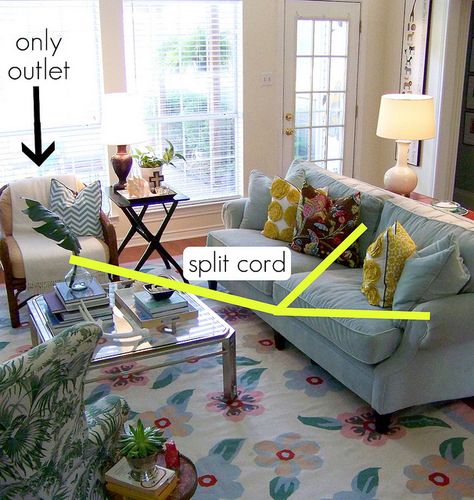 How to Hide Pesky Lamp Cords Hide Lamp Cords, Hiding Cords, Media Organization, Hide Electrical Cords, Floor Outlets, Hide Cords, Behind Couch, Hi Sugarplum, House Details