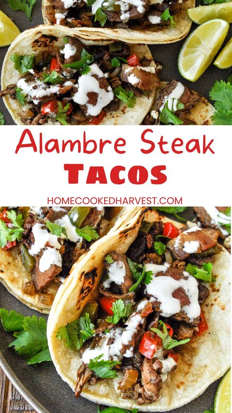 Alambre Tacos are made with carne asada that's marinated in lime juice & cilantro. Tacos de alambre are cooked with bacon and bell peppers. Alambre Recipe, Veg Diet, Cilantro Tacos, Cookout Recipes, Tuesday Recipes, Flexitarian Recipes, Recipe Beef, Jambalaya Recipe, Steak Tacos