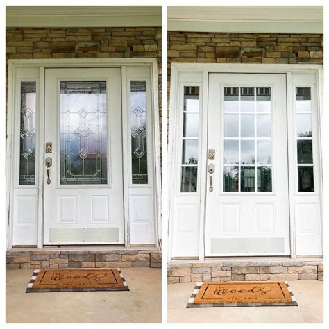 Off Center Front Door Exterior, How To Replace Glass In Front Door, Front Door Glass Insert Makeover Diy, Outdated Front Door Makeover, Changing Out Glass In Front Door, Update Front Door Sidelights, Updating Front Door Glass Insert, How To Change Glass In Front Door, Front Door With Two Side Windows