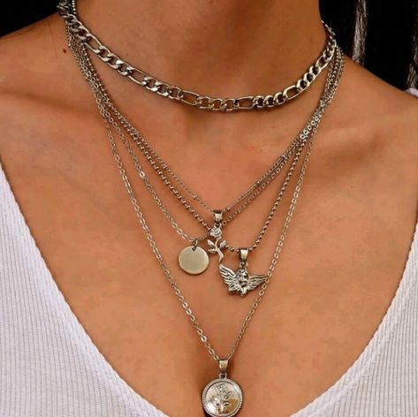 Silver Color Iron 14.2in - 23.6 In Silver Chains For Women, Silver Layered Necklaces, Chunky Silver Jewellery, Silver Bracelet Stack, Stackable Necklaces, Silver Jewlery, Grunge Jewelry, Silver Necklace Set, Layered Necklaces Silver