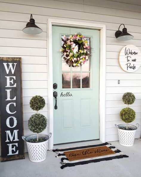 Striped Door, Teal Door, Blue Front Door, Flat Weave Carpet, Porch Rug, Farmhouse Porch, Casa Exterior, Front Door Colors, Antique Farmhouse