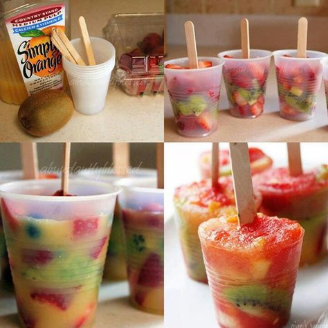 Frozen fruit cups Frozen Fruit Cups, Fruit Lollies, Types Of Ice, Fruit Pops, Fruit Popsicles, Popsicle Recipes, Summer Snacks, Healthy Work Snacks, Idee Pasto Sano