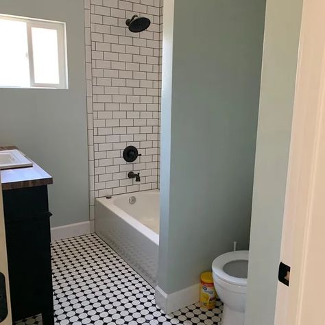 Sea Salt Bathroom Seasalt Sw Bathroom, Small Beach Bathroom Ideas, Sea Salt Bathroom, Small Beach Bathroom, Sea Salt Paint Color, Benjamin Moore Sea Salt, Sw Sea Salt, Salt Paint, Sea Salt Paint