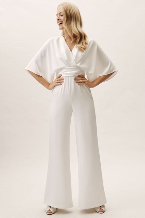 8 Bridal Jumpsuits for Your Wedding, Rehearsal Dinner & More - jumpsuit by BHLDN Wedding Jumpsuit The Bride, Pola Jumpsuit, Theia Bridal, Bridal Pantsuit, White Jumpsuit Wedding, Wedding Pantsuit, Wedding Pants, Rehearsal Dinner Outfits, Kimono Style Tops