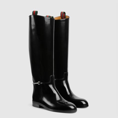 Shop the Women's slim Horsebit boot in black at GUCCI.COM. Enjoy Free Shipping and Complimentary Gift Wrapping. Gucci Knee High Boots, Gucci Boots Women, Gucci Black Boots, Rich Equestrian, Gucci Boots, Shoe Wishlist, High Leather Boots, Horse Boots, Face Contouring