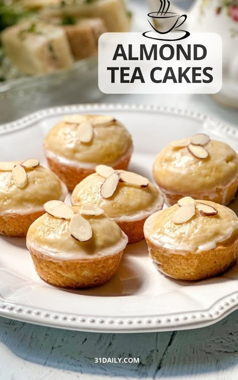 Texas Tea Cakes, Petite Cakes Tea Parties, Mini Almond Cakes, High Tea Pastries, Afternoon Tea Pastries, Afternoon Tea For One, Tea Time Pastries, Afternoon Tea Recipes Sweet, Tea Party Dessert Ideas