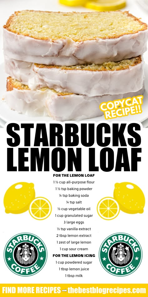 This copycat recipe for Starbucks Lemon Loaf is so easy and delicious! Though a loaf, this lemon bread is quite cake-like and topped with lemon icing. Lemon loaf cake is moist and mouthwatering. Starbucks Lemon Loaf Recipe, Copycat Starbucks Lemon Loaf, Starbucks Lemon Loaf, Lemon Loaf Recipe, Starbucks Lemon, Dinner Recipes Easy Healthy, Lemon Loaf Cake, Healthy Dinner Recipes For One, Copycat Starbucks