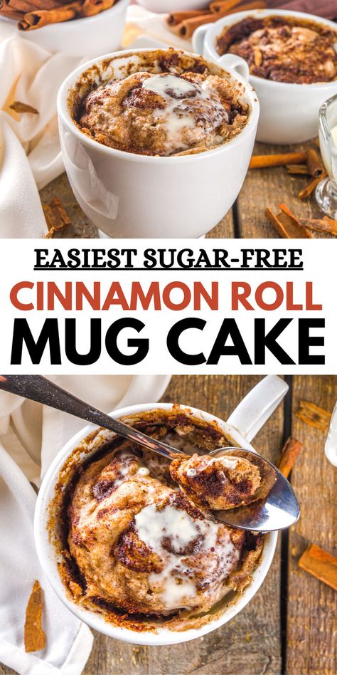 Savor the sweetness of this Skinny Cinnamon Roll Mug Cake made with cinnamon, low-fat Greek yogurt, and Stevia - a guilt-free dessert in a mug! Copycat Cinnabon Recipe, Stevia Desserts, Cinnamon Roll Mug Cake, Yummy Easy Recipes, Cinnamon Mug Cake, Dessert In A Mug, Mug Cake Healthy, Low Fat Desserts, Low Calorie Recipes Dessert