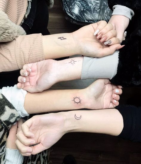 Four Matching Tattoos Best Friends, Matching Tattoos For Best Friends Of 4, Matching Tattoos For A Group Of 4, Friendship Tattoos 4 Friends, Small Tattoos For 4 Best Friends, Small Tattoos For Group Of 4, Tattoos 4 Friends, Matching Tattoos 4 Friends, Tattoo Ideas For A Group Of 4