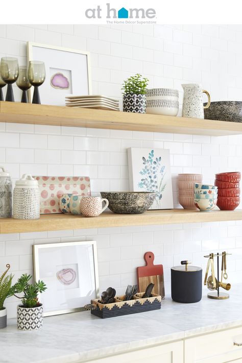 Kitchen shelves are the perfect way to add some spice to your space and a great way to show off your serveware Open Kitchen Shelves Decor, Kitchen Shelves Decor, Kitchen Shelf Decor, Open Kitchen Shelves, Kitchen Counter Decor, Kitchen Shelf, Kitchen On A Budget, Apartment Kitchen, Updated Kitchen