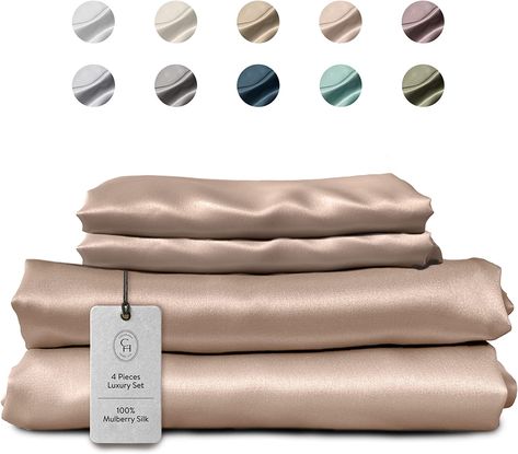 Colorado Home Co – 100% Silk Sheets 4pcs - Mulberry Silk Luxury Bedding Set Queen - Deep Pocket Fitted Sheet, Flat Silk Sheet, Silk Pillowcase Twin Set – Nude Champagne Silk Sheet Set, Silk Bed Sheets, Queen Size Bed Sets, King Bed Sheets, Silk Bedding Set, Silk Sheets, Luxury Bedding Set, King Sheets, Queen Sheets