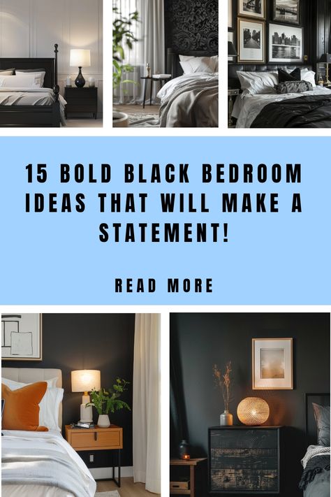 Turn your bedroom into a bold, chic retreat! 🖤 Discover 15 inspiring black bedroom ideas that bring depth and drama for a unique, stylish space. #BlackBedroom #BoldDecor #BedroomInspo Earthy Black Bedroom, Black Furniture Bedroom Ideas, Black Window Treatments, Black Bedroom Ideas, Vibrant Bedding, Dramatic Bedroom, Black White Bedrooms, Light Colored Furniture, Black Accent Walls