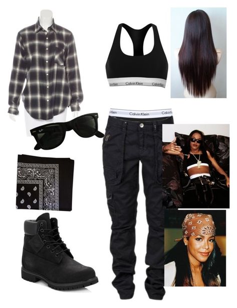 Aaliyah 90s inspired outfit by arikelly on Polyvore featuring polyvore, fashion, style, R13, Calvin Klein, Calvin Klein Underwear, Ray-Ban, Timberland and clothing Aaliyah Costume, Aaliyah 90s, 90s Hip Hop Outfits, Aaliyah Outfits, Black 90s Fashion, 90s Fashion Party, 90s Party Outfit, Throwback Outfits, Tomboy Stil