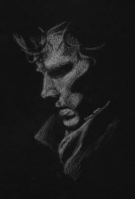 White Pencil Drawing On Black Paper, White Drawing On Black Paper, Drawings On Black Paper, Sherlock Drawing, White Pencil On Black Paper, Pencil On Black Paper, Sherlock Wallpaper, Black Canvas Art, Scratchboard Art