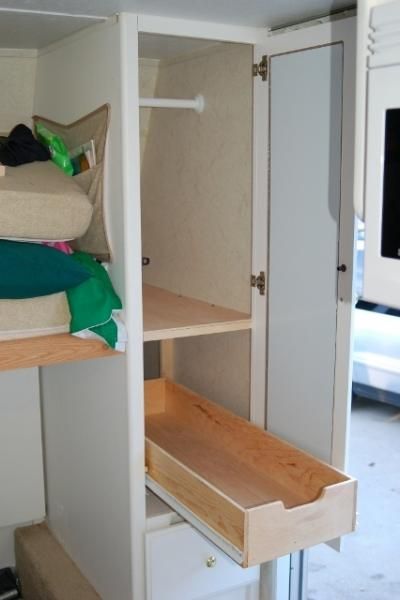 Camping Clothes Storage, Rv Clothes Storage, Rv Modifications, Clothes Storage Ideas, Caravan Storage, Camping Clothes, Camper Organization, Camper Hacks, Rv Organization