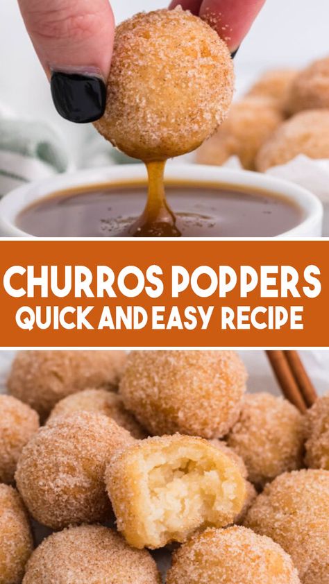 Churros Poppers: Quick And Easy Recipe Churro Poppers Recipe, Baked Churros Recipe Easy, Churro Donut Recipe, Churro Poppers, Churro Balls, Easy Fast Desserts, Pretzels Bites, Cinnamon Churros, Filled Churros