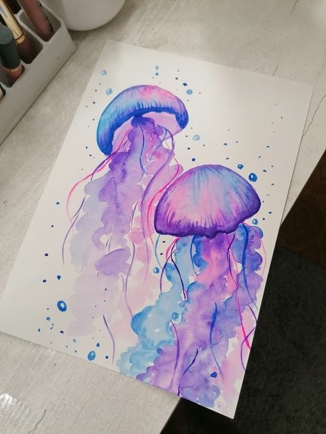 Akvarel Illustration, Color Palets, Color Drawing Art, Jellyfish Art, Simple Painting, Small Canvas Art, Watercolor Art Lessons, Book Art Diy, Dessin Adorable