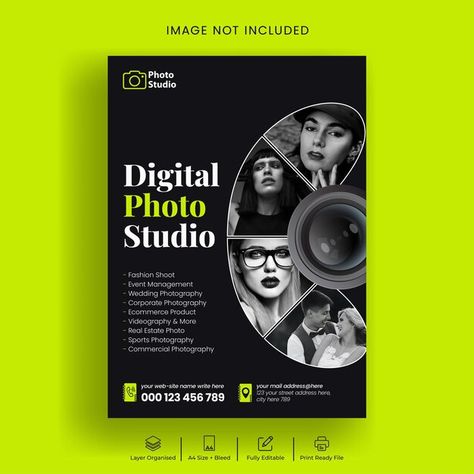 Professional photography studio flyer or... | Premium Vector #Freepik #vector #service #agency #studio #poster Graphic Design Portfolio Book, Magazine Design Cover, Professional Photography Studio, Poster Template Design, Brand Photography Inspiration, Flyer Printing, Portfolio Websites, Portfolio Book, Corporate Photography