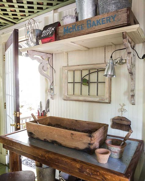 This Potting Shed Is What Every Gardener's Dreams Are Made of - Cottage Journal Potting Shed Signs, Potting Shed Organization, Potting Shed Interior Ideas, Small Potting Shed, She Shed Decorating Ideas, She Shed Interior, Garden Shed Interiors, Cottage Journal, Storage Shed Organization