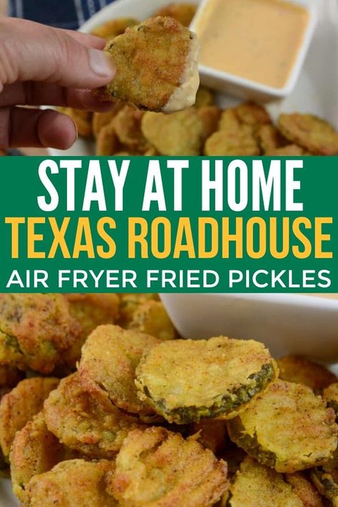 Texas Roadhouse Fried Pickles Air Fryer Version! Stay at home and make your ultimate appetizer with your air fryer and skip the oil. Crispy battered pickles paired with your favorite dipping sauce. #airfryer #texasroadhouse #friedpickles #pickles #appetizer #partyfood #snackfood #recipe Easy Air Fried Snacks, Diy Fried Pickles In Air Fryer, Fired Pickles In Air Fryer, Texas Roadhouse Fried Pickles Recipe, How To Make Fried Pickles In Air Fryer, Texas Roadhouse Fried Pickles Air Fryer, Fried Pickles Air Fryer Recipes, Pickle Air Fryer Recipes, Air Fryed Pickles Recipe