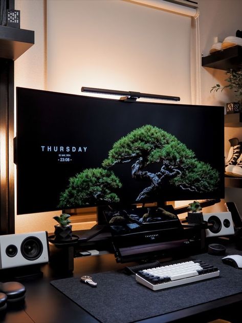 Bonsai Wallpaper, Phone Backgrounds Aesthetic, Computer Desk Setup, Home Studio Setup, Video Game Room Design, Desktop Setup, Game Room Ideas, Aesthetic Space, Bedroom Setup